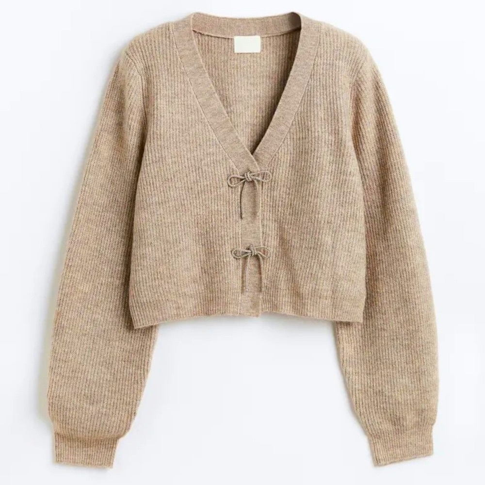 Rhinestone Bow Rib Knit Cropped Cardigan